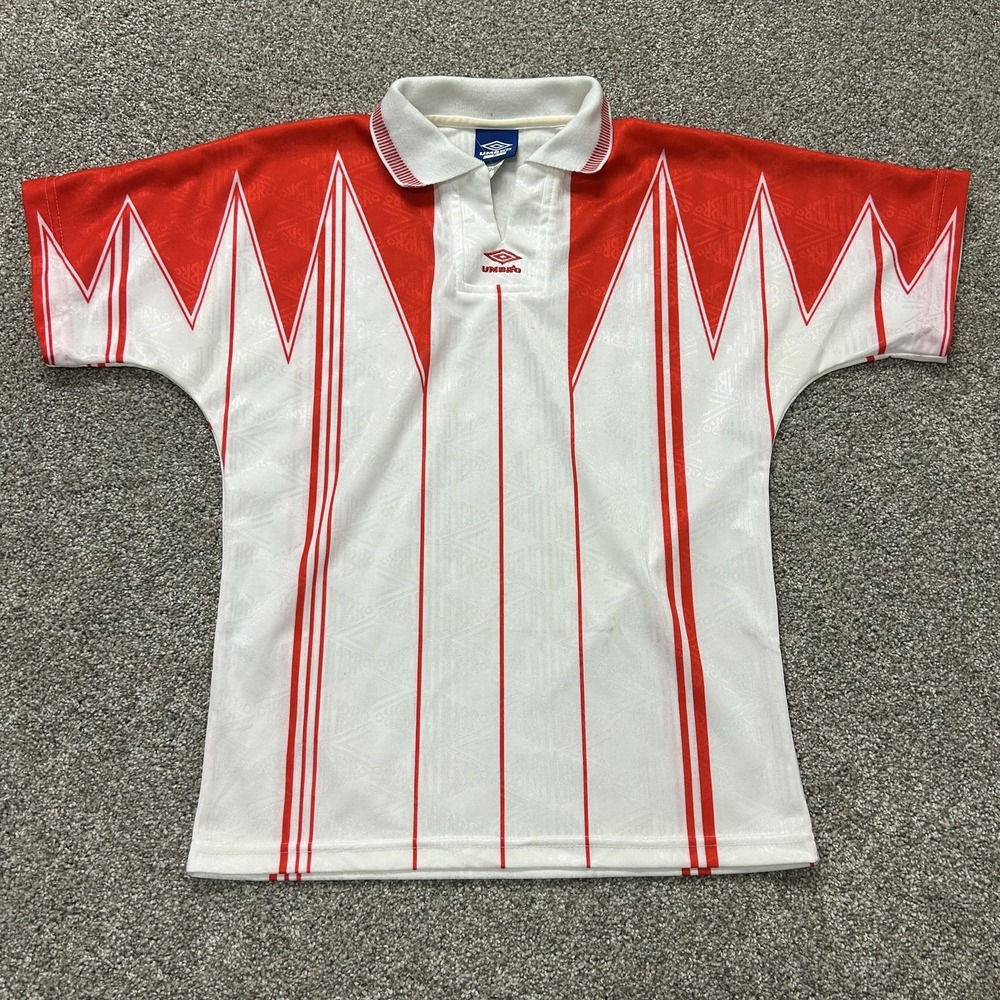 Vintage Umbro Shirt Mens Small White Red Short Sleeve Soccer Jersey Polo Top